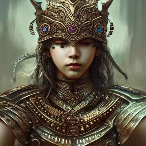 Image similar to beautiful extremely detailed intricate concept art depicting a warrior by wlop. shining jewelry.