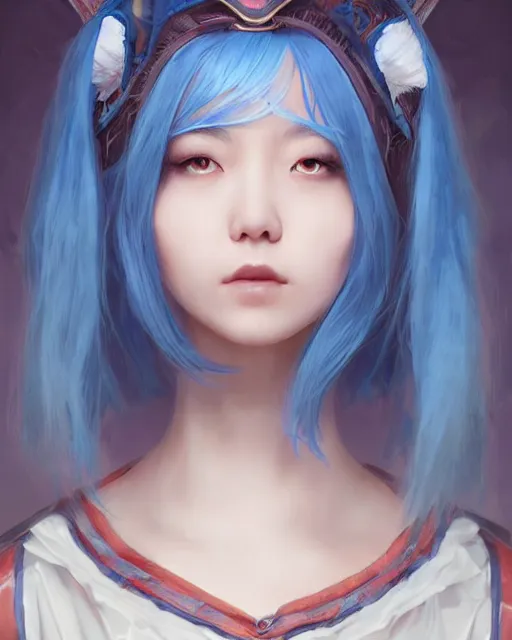 Image similar to symmetrical portrait of a pretty korean girl with blue hair dressed as alice in wonderland, digital painting, 8 k, concept art, art by wlop, artgerm, greg rutkowski and alphonse mucha