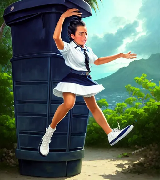 Prompt: portrait of an Italian Mexican teen female schoolgirl wearing a navy and white sepuku uniform and jumping outside a green trashbin in Kalakaua avenue in Waikiki, intricate, elegant, highly detailed, centered, digital painting, artstation, concept art, smooth, sharp focus, illustration, by Peter Mohrbacher, WLOP