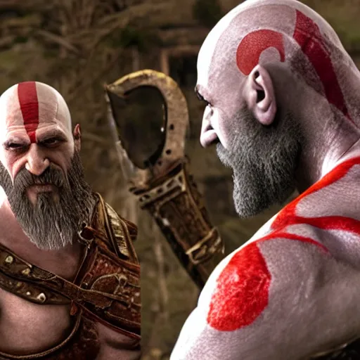 Image similar to kratos from god of war high fiving gus fring