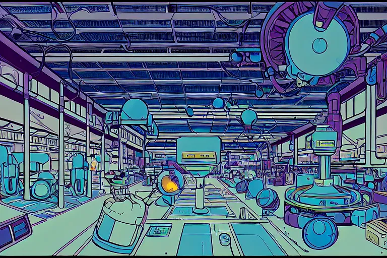 Image similar to a scifi illustration, robot factory interior. top down view. flat colors, limited palette in FANTASTIC PLANET La planète sauvage animation by René Laloux
