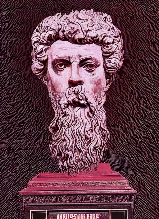 Image similar to design poster showing a statue of marcus aurelius, black background with very subtle red and purple design elements, powerful, nekro, graphic design, collage art, thin lines, dark, glitch art, neo vaporwave, gritty, layout frame, square, trending on artstation