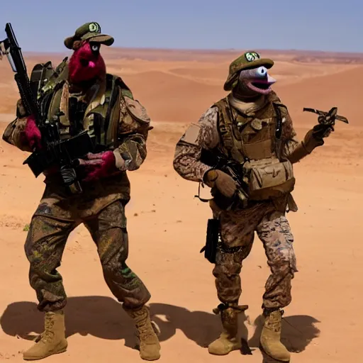 Image similar to muppets dressed as special forces fighting in the desert. epic action movie production photograph.