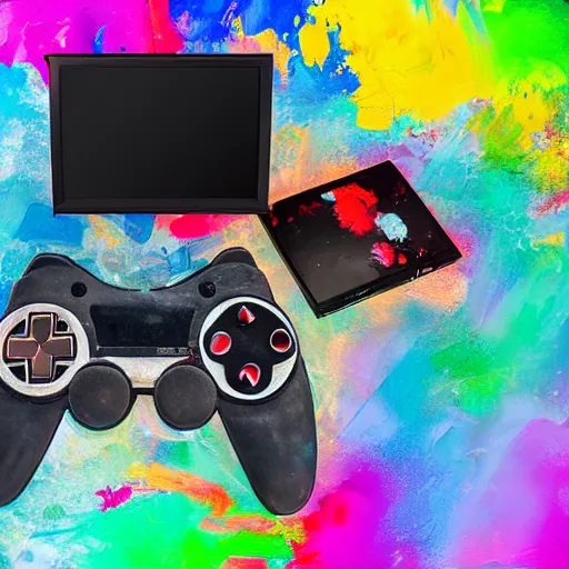 Prompt: a broken videogame console, colorful painting, compelling