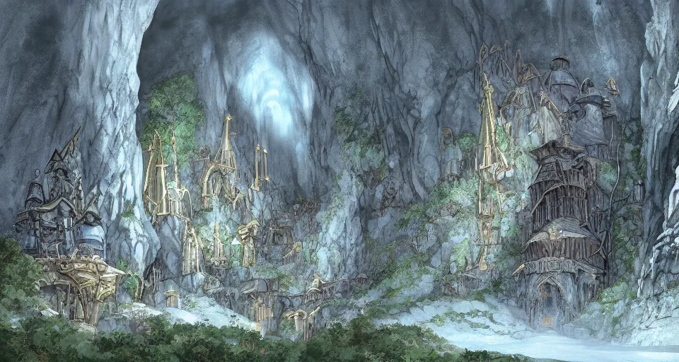 Image similar to Masterfully painted mspaint art piece of underground middle-earth's 'Mines of Moria' painted by Makoto Shinkai and Studio Ghibli. Closeup zoomed view of the architecture within the caverns. View from underground within ancient dwarven mining equipment and architecture. Amazing beautiful incredible wow awe-inspiring fantastic masterpiece gorgeous fascinating glorious great.