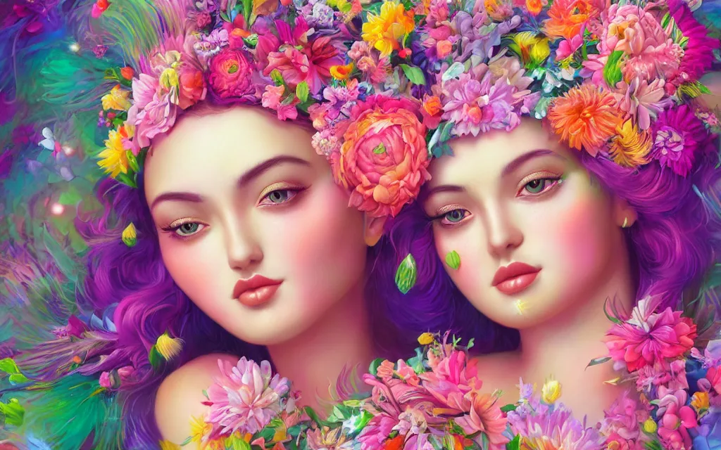 Prompt: a divine feminine goddess, rosey cheeks, sparkles on eyelids, surrounded by lush flowers and feathers in bright abstract colours ultra realistic digital painting, artstation, concept art, pop, smooth, sharp focus, illustration, art by mark ryden and lisa frank 3 d 8 k ultra detailed