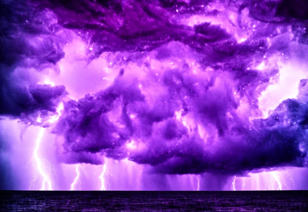 Image similar to purple color lighting storm with stormy sea close up of a pirate ship trippy nebula sky