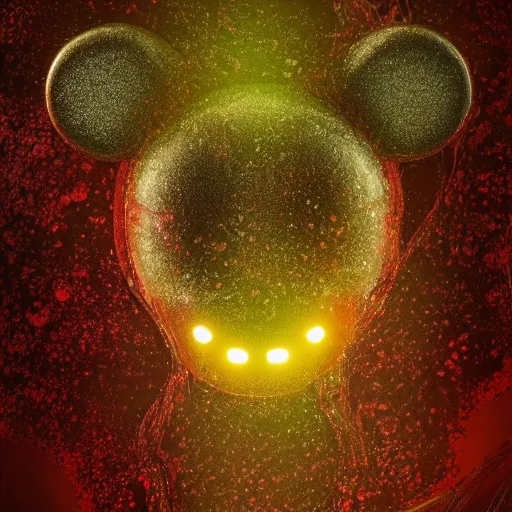 Image similar to counterfeit mickey mouse head, fractal, broken, psychedelic, wet, mycelium, radiant alien, rococo, baroque, automotive, bio-mechanical, porcelain, iridescent, sub surface scattering, octane render