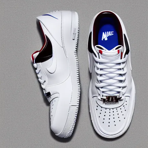 Image similar to all white, 3 d airforce 1 product photo with leather embellishments, distorted nike tick, 3 d bubbles from raf simons ozweego, product render, design sample, octane render, high definition, sneaker photography, photorealistic