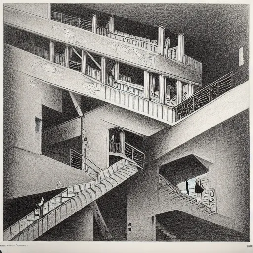Prompt: a photocopy of a lost lithograph by mc escher after the style of goya's etchings, extremely detailed and compelling