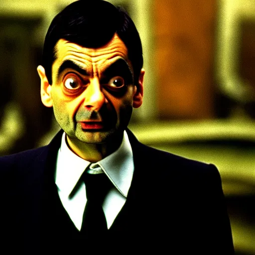 Image similar to mr. bean as morpheus from the matrix. movie still. slow motion. cinematic lighting.