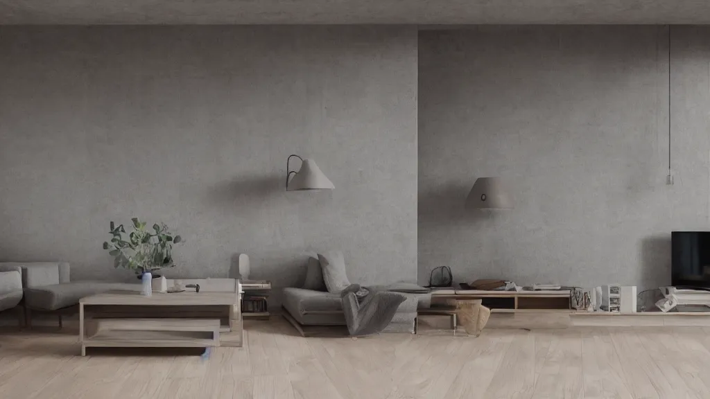 Image similar to living room, wooden floor, concrete wall, contemporary furniture, photorealistic render in octane