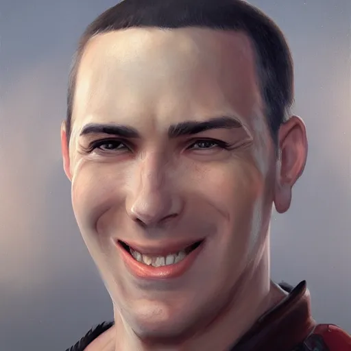 Image similar to a head - on detailed oil portrait of a round - faced bald male martial artist with a large friendly smile, by charlie bowater, lise deharme, wlop, trending on artstation, dungeon and dragons art, l critical role