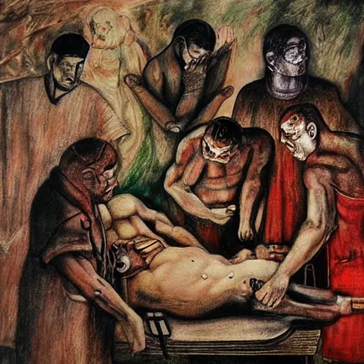 Image similar to by otto dix, by clive barker balmy, peaceful ancient roman. a beautiful drawing of a team of surgeons gathered around a patient on an operating table, with one surgeon in the process of cutting into the patient's chest. the drawing is full of intense colors & brushstrokes, conveying the urgency & intensity of the surgery.