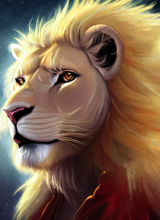 Image similar to award winning beautiful portrait commission of a male furry anthro albino lion with a beautiful hyperdetailed attractive outfit and face wearing a golden and red rockstar outfit on a stage. Character design by charlie bowater, ross tran, and makoto shinkai, detailed, inked, western comic book art