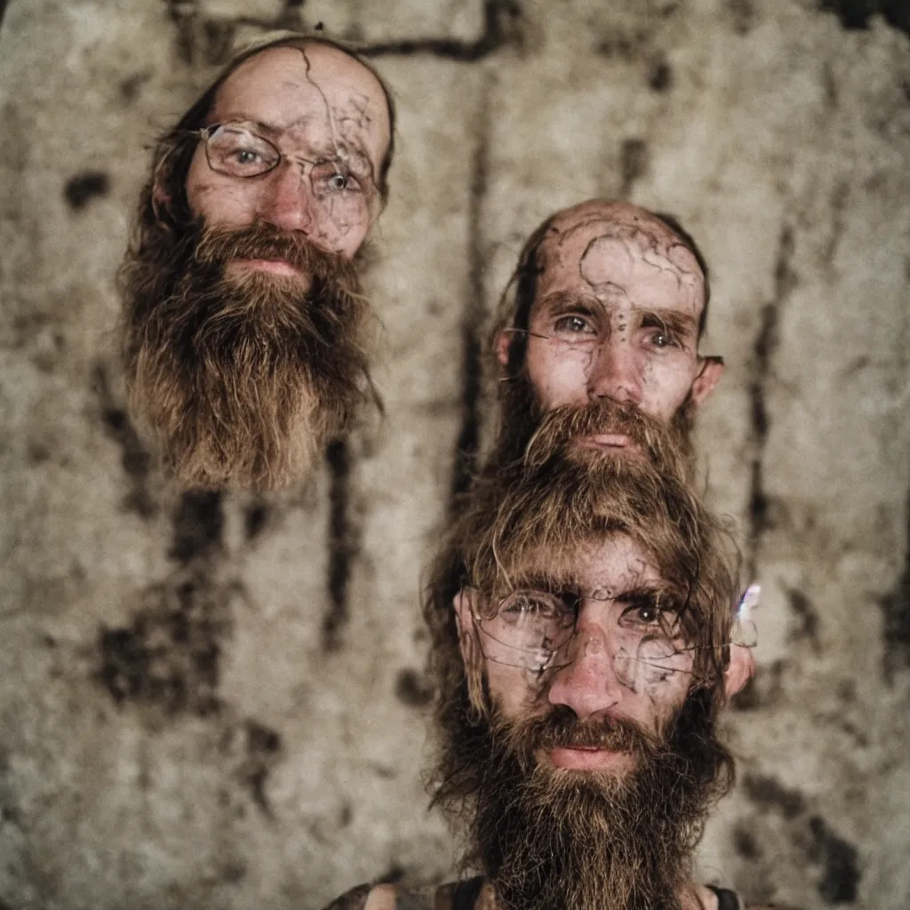 Image similar to far view, in british museum, extremely skinny malnourished redneck white male with long beard, wearing dirty overalls, dirty greasy face, grin, portrait, close up, kodak gold 2 0 0, 5 0 mm,