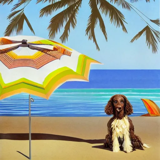 Prompt: cute brown spaniel by the seaside, parasols, bright towels, geometric, pop, bright, artwork