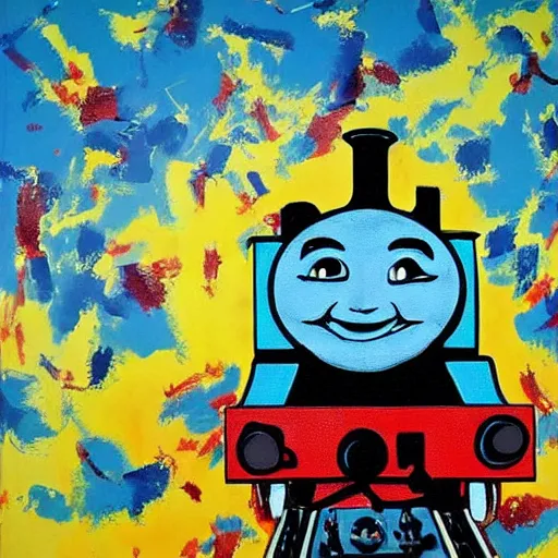 Prompt: a jackson pollock painting of thomas the tank engine.