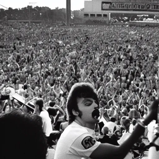 Prompt: a still photo taken from backstage of Live Aid in 1985. Queen the band is on the stage. Freddy Mercury can be seen from behind