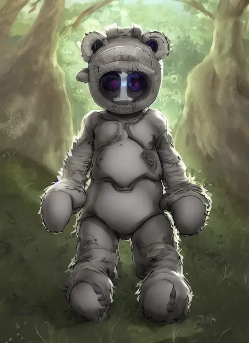 Image similar to beautiful little boy wearing an cyborg bear suit, artwork in kentaro miura and made in abyss and rosdraws, smooth, beautiful lightness, anatomically correct, trending on pixiv, forest