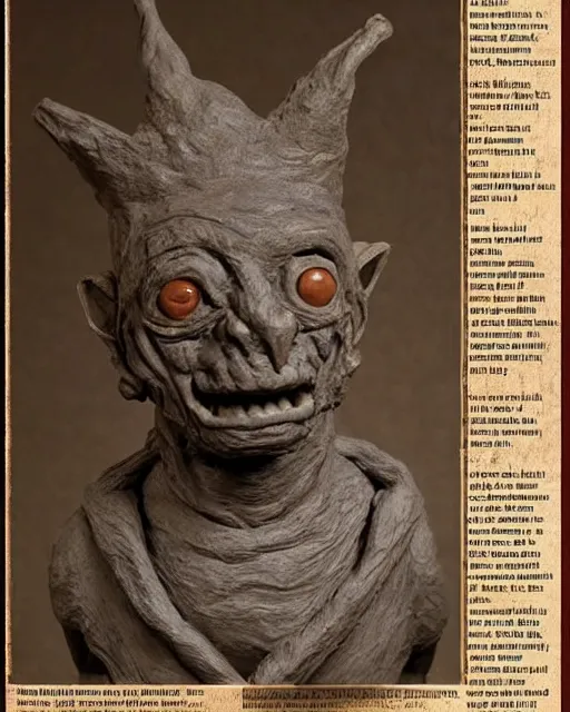 Prompt: 'history textbook page with a picture of a clay sculpture of a goblin' clay sculpture, photograph, zoomed out, trending on tumblr, textbook pages