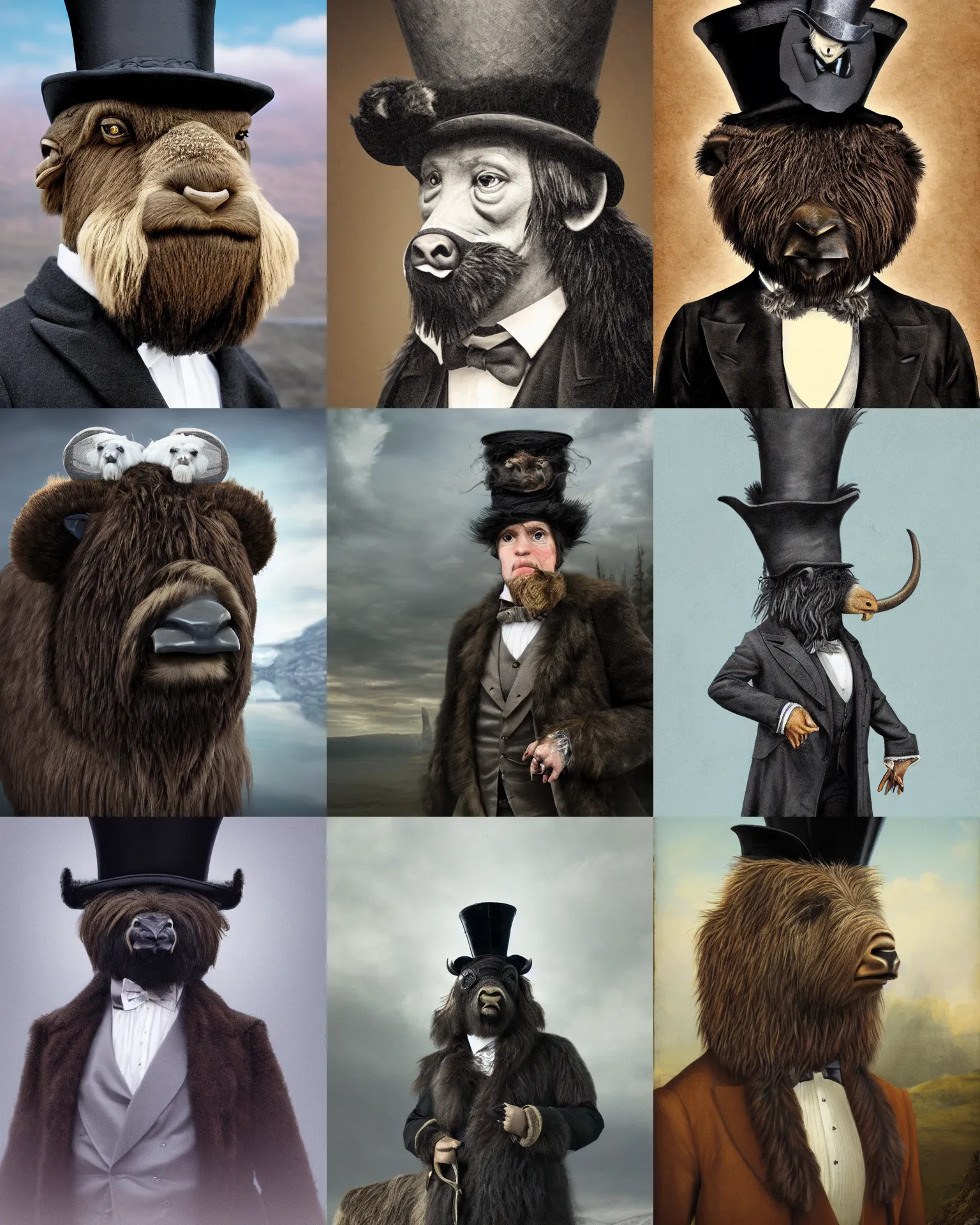 Prompt: highly detailed portrait photo of an anthropomorphic mutant with the head of a musk ox, wearing a overgown and a top hat in a dystopian scenic environment, hyperrealistic Illustration