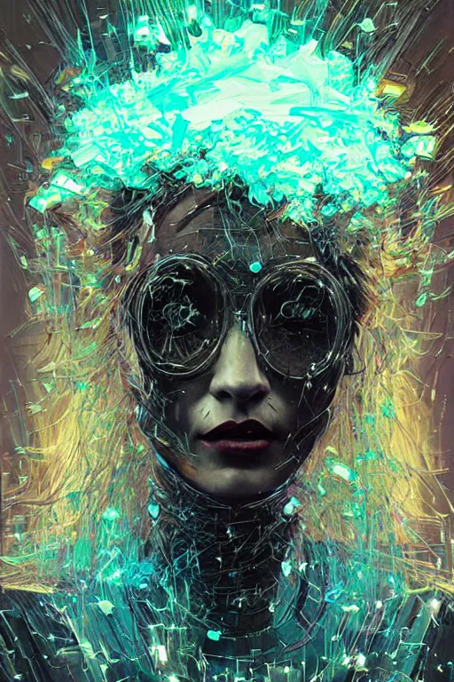 Prompt: portrait, headshot, digital painting, an beautiful techno - witchdoctor lady in circuit electronic mask, opalescent, synthwave, glitch, radial glass fracture, metal rain, realistic, hyperdetailed, chiaroscuro, concept art, art by john berkey
