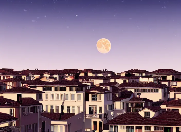 Image similar to thousands of big moons, focus on the sky. thousands of houses in the city, hyperrealism, no blur, 4 k resolution, ultra detailed