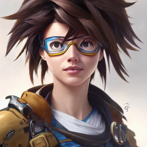 Prompt: character portrait of Tracer from Overwatch, intricate, wild, highly detailed, digital painting, artstation, upper body, concept art, smooth, sharp focus, illustration, art by artgerm and greg rutkowski and alphonse mucha