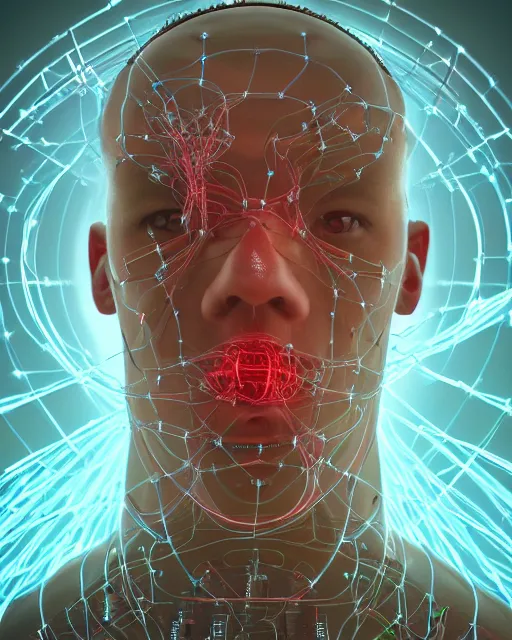 Prompt: a hyperrealistic human cyborg with limbs stretched out, tied with electrical cables connected to an infinite supercomputer, flood of color and images flowing from his head, tesseract, vitruvian man, 3 d render, octane, trending on artstation, concept art, insane details