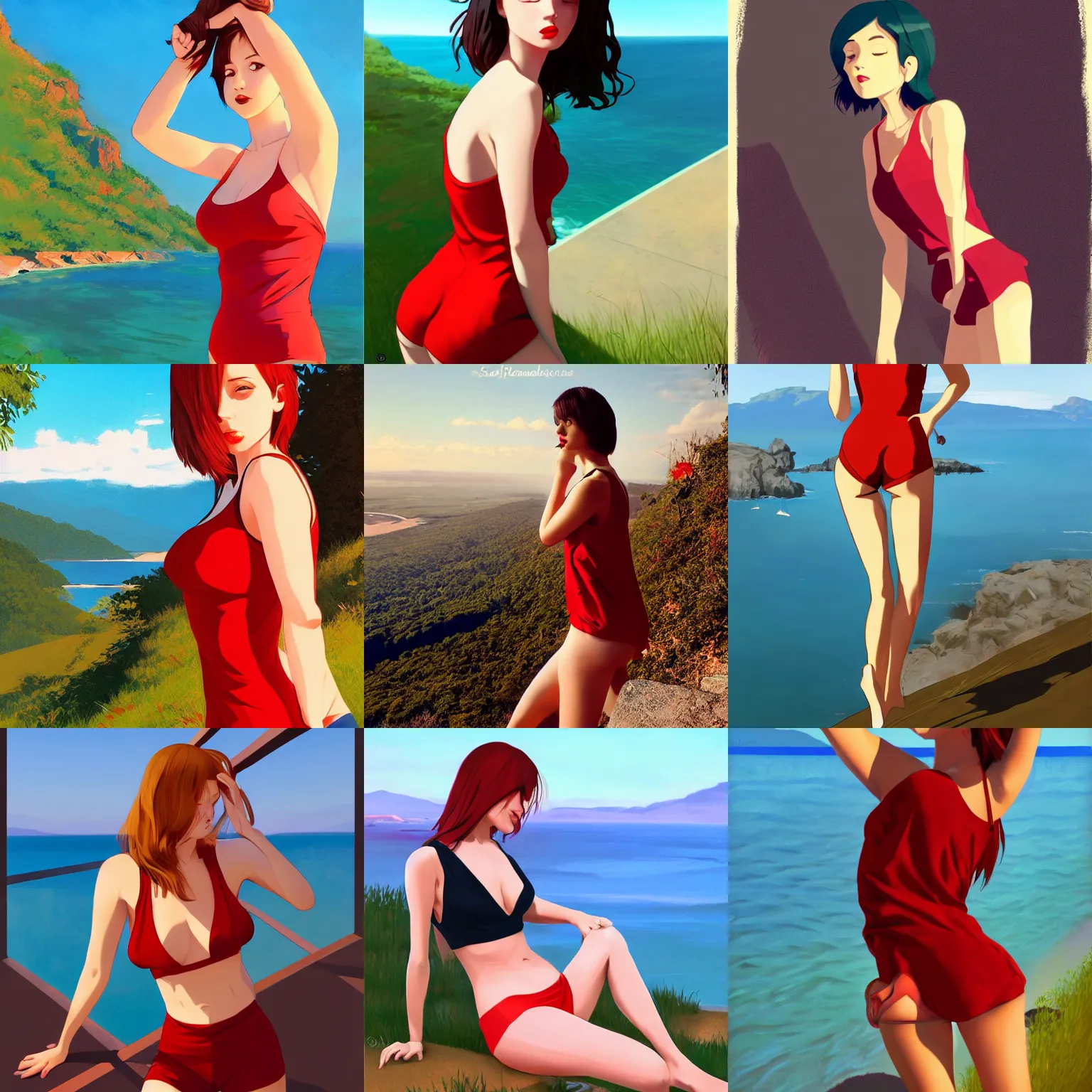 Prompt: sexy girl wearing a low cut tanktop and shorts, bending down slightly, hand on hips, luscious red lips, scenic view, in the style of ilya kuvshinov