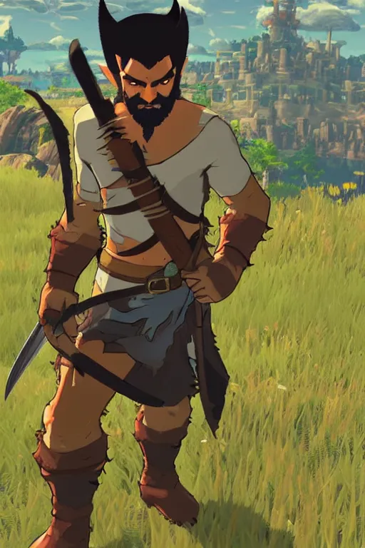 Image similar to in game footage of logan wolverine from the legend of zelda breath of the wild, breath of the wild art style.