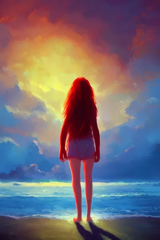 Image similar to a red haired young girl beach surreal, sunrise, dramatic light, impressionist painting, colorful clouds, digital painting, artstation, simon stalenhag