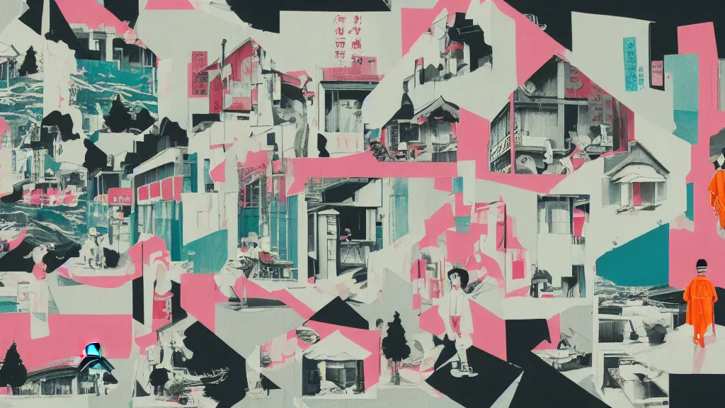 Image similar to japan, a collage painting, in the style of wes anderson, lola dupre, david hockney, isolated on negative white space background dark monochrome neon spraypaint accents volumetric octane render