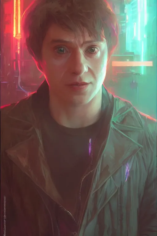 Image similar to portrait of Ron Wisly from harry potter in cyberpunk, neon lighting, night city, digital art from artstation by Ruan Jia and Mandy Jurgens and Artgerm and william-adolphe bouguereau and Greg Rutkowski and Wayne Barlowe