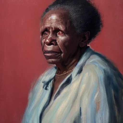 Image similar to a painting of a elder woman by Lynette Yiadom-Boakye . details, smooth, sharp focus, illustration, realistic, cinematic, artstation, award winning, rgb , unreal engine, octane render, cinematic light, macro, depth of field, blur, red light and clouds from the back, highly detailed epic cinematic concept art CG render made in Maya, Blender and Photoshop, octane render, excellent composition, dynamic dramatic cinematic lighting, aesthetic, very inspirational, arthouse.