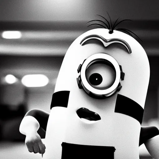 Prompt: black & white epic!!! photograph of a minion from “ despicable me ” in the gym lifting a dumbbell with one hand, very angry!!!!!! face, motivational poster, gym in background, highly detailed, cinematic lighting, photo, award - winning photograph, professional photograph, dramatic posing, 8 k quality, dramatic rim lighting, high quality