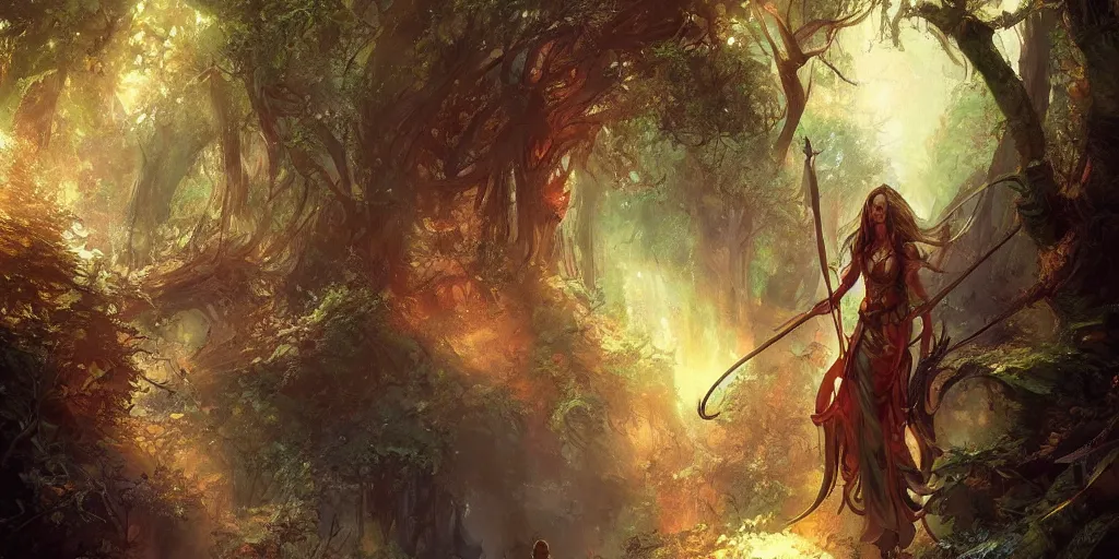 Image similar to a female angel warrior reigns on a magical forest, marc simonetti, detailed, artstation