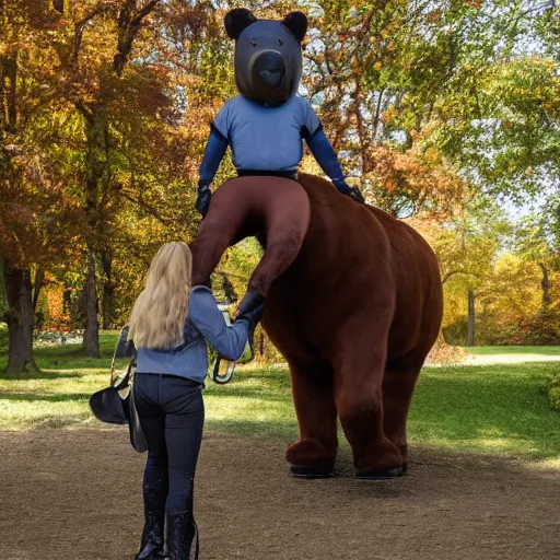 Image similar to equestrian riding a giant bear in the park