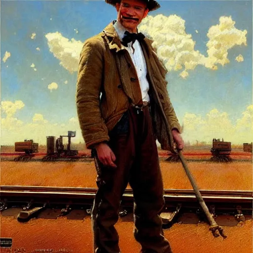 Image similar to neil patrick harris is a railroad worker, painting by gaston bussiere, craig mullins, j. c. leyendecker, tom of finland