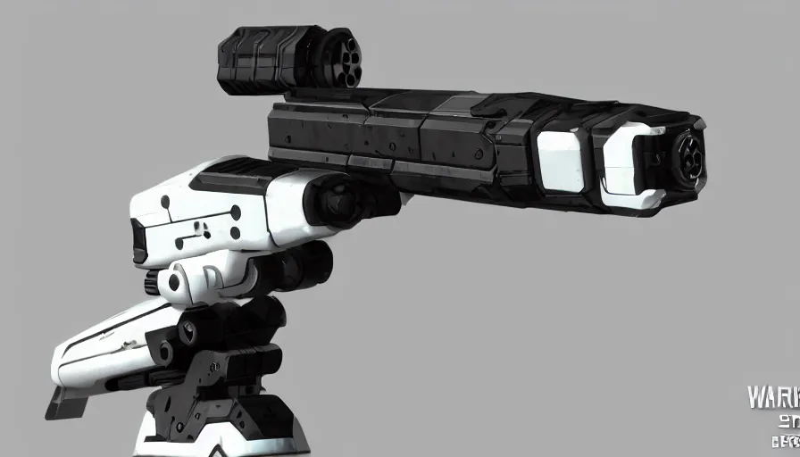 Image similar to extremely detailed realistic side view of a sci fi laser gatling gun, detailed trigger, chemically propelled, pattery powered, smooth streamline, battery and wires, railgun, tribarrel, gauss, elegant sleek smooth body, white paint, smooth utopian design, ultra high quality, minimalist, octane, cod, destiny, warframe, terminator