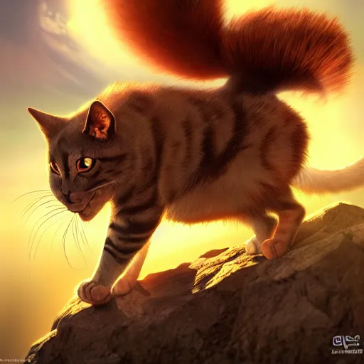 Prompt: cat - goku hybrid, genkidama, golden hour, fantasy, sharp focus, digital art, hyper realistic, 4 k, unreal engine, highly detailed, hd, dramatic lighting by brom, trending on artstation, new cats movie