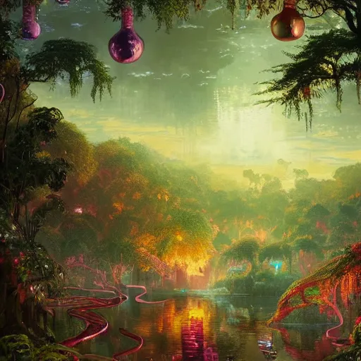 Prompt: a beautiful painting of jungle pinots, liqueurs, river, surrounded by magical lighting, 4 k unreal engine renders, ultra - wide angle, by victo ngai, geof darrow, peter mohrbacher, johfra bosschart, thomas kinkade, miho hirano, hd, pastel color scheme