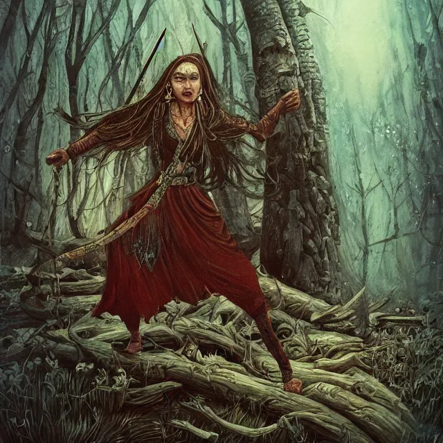 Image similar to баба яга, baba yaga, slavic folk fairytale, story, fable, dramatic, fantasy art, an ultrafine detailed painting, colorized, elegant, sharp focus, artstation, by pavel korin, viktor vasnetsov