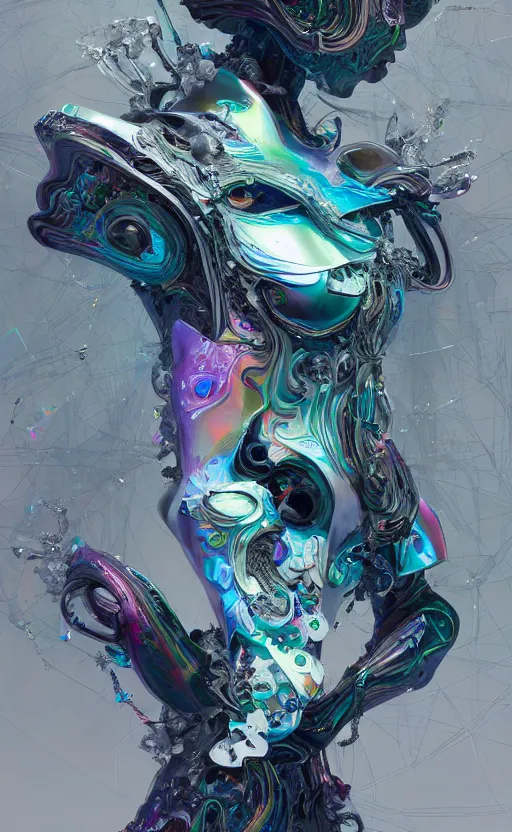 Image similar to hard surface form fused with organic form fashion outfit design, rainbow iridescent accents, full body frontal view, Peter mohrbacher, zaha hadid, tsutomu nihei, emil melmoth, zdzislaw belsinki, Craig Mullins, yoji shinkawa, trending on artstation, beautifully lit, hyper detailed, insane details, intricate, elite, ornate, elegant, luxury, dramatic lighting, CGsociety, hypermaximalist, golden ratio, octane render, weta digital, micro details, ray trace, 8k,