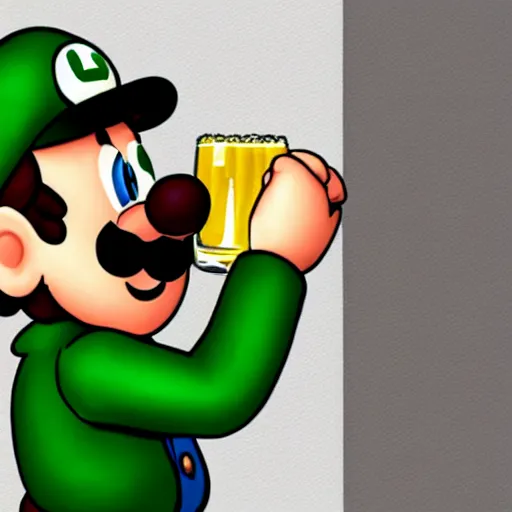 Image similar to luigi from super mario drinking a beer with mario