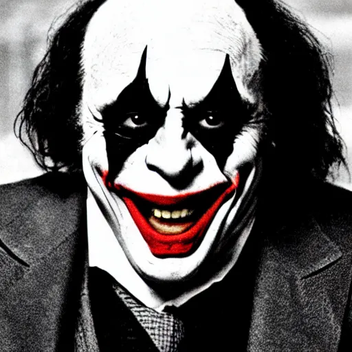 Prompt: Danny Devito as The Joker, still image from Batman movie, shot of face