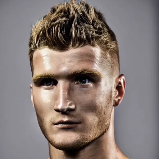 Image similar to a realistic detailed photo of a guy who is an attractive humanoid who is half robot and half humanoid, who is a male android, soccer player timo werner, shiny skin, posing like a statue, blank stare, in a living room, on display, showing off his muscles