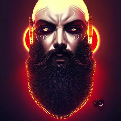 Image similar to bearded man with extremely large and intricate eye cyberpunk bionics with angry red eyes and slim features looking askance, eye cyberpunk bionics, retro futurist style, intricate, elegant gleaming intricate baroque jewelry, angelic halo, highly detailed, digital painting, artstation, concept art, smooth, sharp focus, illustration, art by wlop, mars ravelo and greg rutkowski,