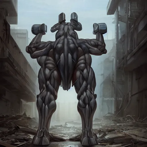 Image similar to a hyper - muscular anthropomorphized horse wearing a tactical bodysuit standing in the ruins of a facility, equine, bodybuilder physique, dynamic pose, highly detailed, digital painting, artstation, concept art, illustration by artgerm, greg rutkowski, makoto shinkai